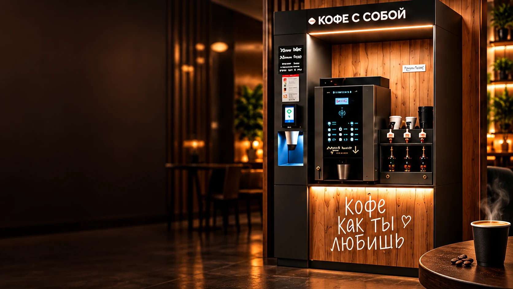 Иллюстрация кофейной стойки с деревянной отделкой и тёплой подсветкой